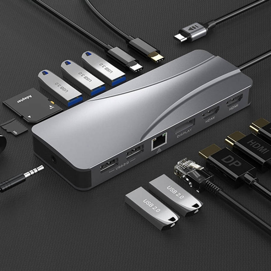 Rocketek HC451 Type-C to 60W PD + 4K HDMI + DP + 100M RJ45 14 in 1 HUB Adapter