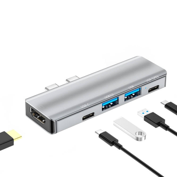 YG-2102 5 in 1 Dual USB-C / Type-C to USB Docking Station HUB Adapter (Silver)