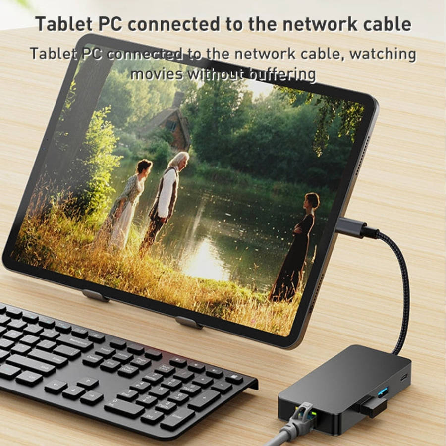 BYL-2308 6 in 1 USB-C / Type-C to USB3.2 + Gigabit Internet + HDTV HUB Adapter (Dark Gray)