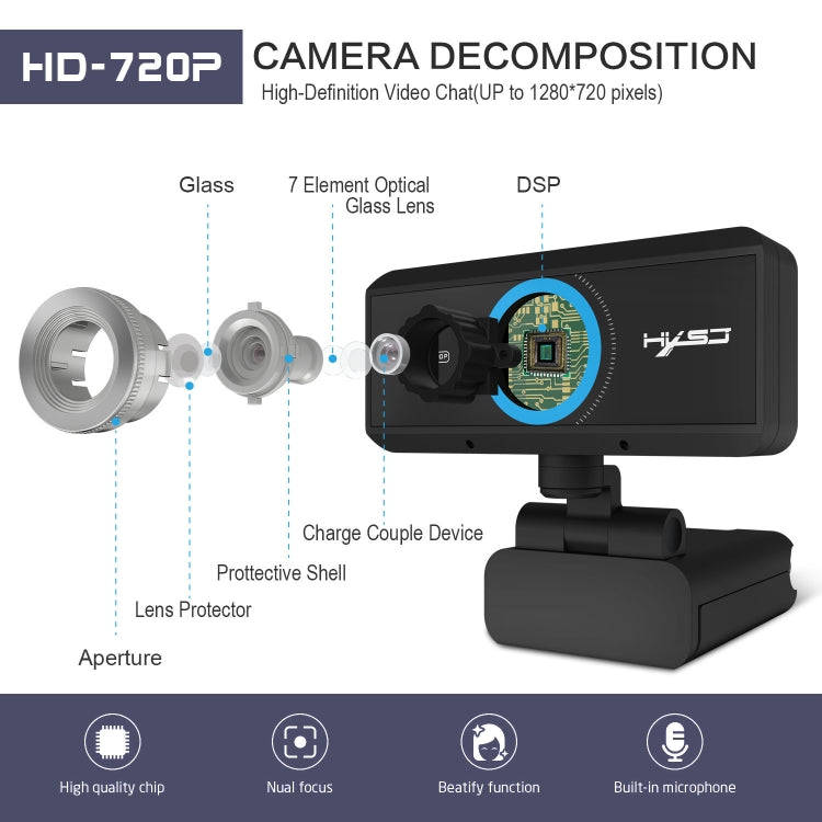 HXSJ S90 30fps 1 Megapixel 720P HD Webcam for Desktop / Laptop / Android TV, with 8m Sound Absorb...