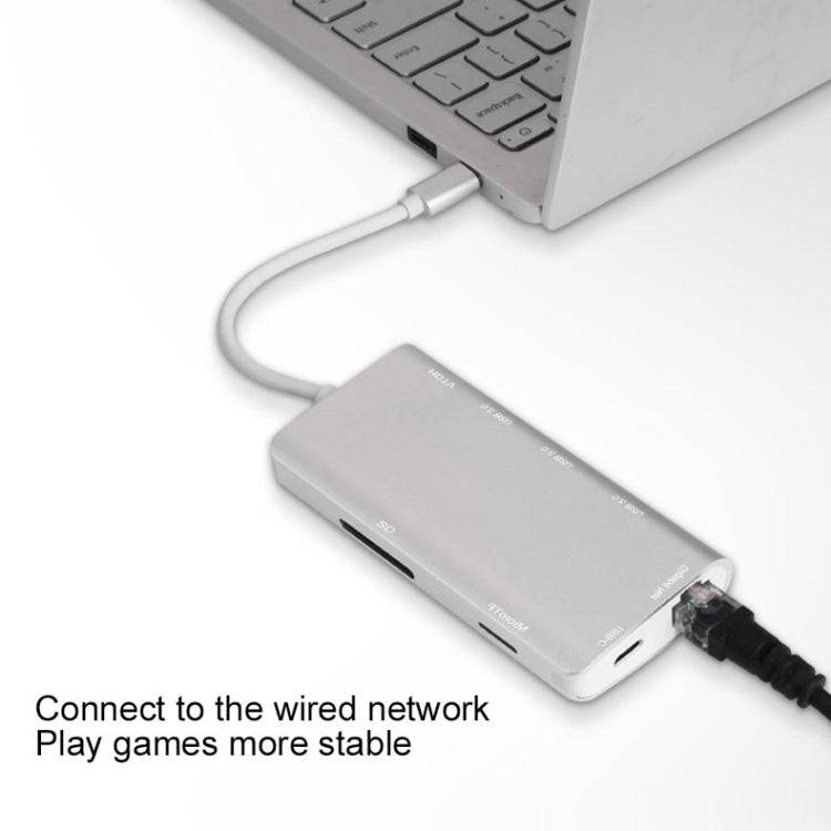 9591C 8 In 1 USB 3.0 x3 + SD / TF Card + HDMI + RJ45 + Type-C / USB-C (PD) Multi-function HUB Con...