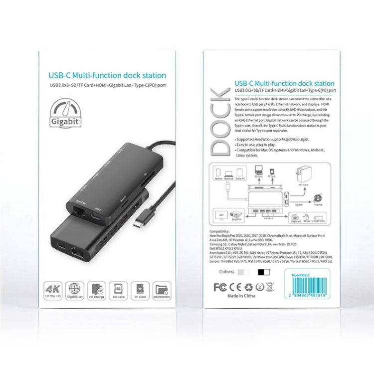9591C 8 In 1 USB 3.0 x3 + SD / TF Card + HDMI + RJ45 + Type-C / USB-C (PD) Multi-function HUB Con...