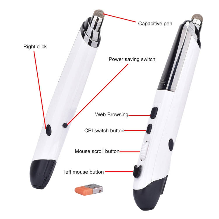 PR-08 6-keys Smart Wireless Optical Mouse with Stylus Pen & Laser Function (White)