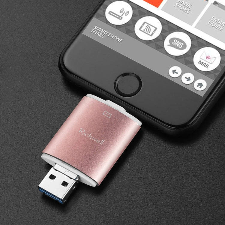Richwell 3 in 1 64G Type-C + 8 Pin + USB 3.0 Metal Double Cover Push-pull Flash Disk with OTG Fun...