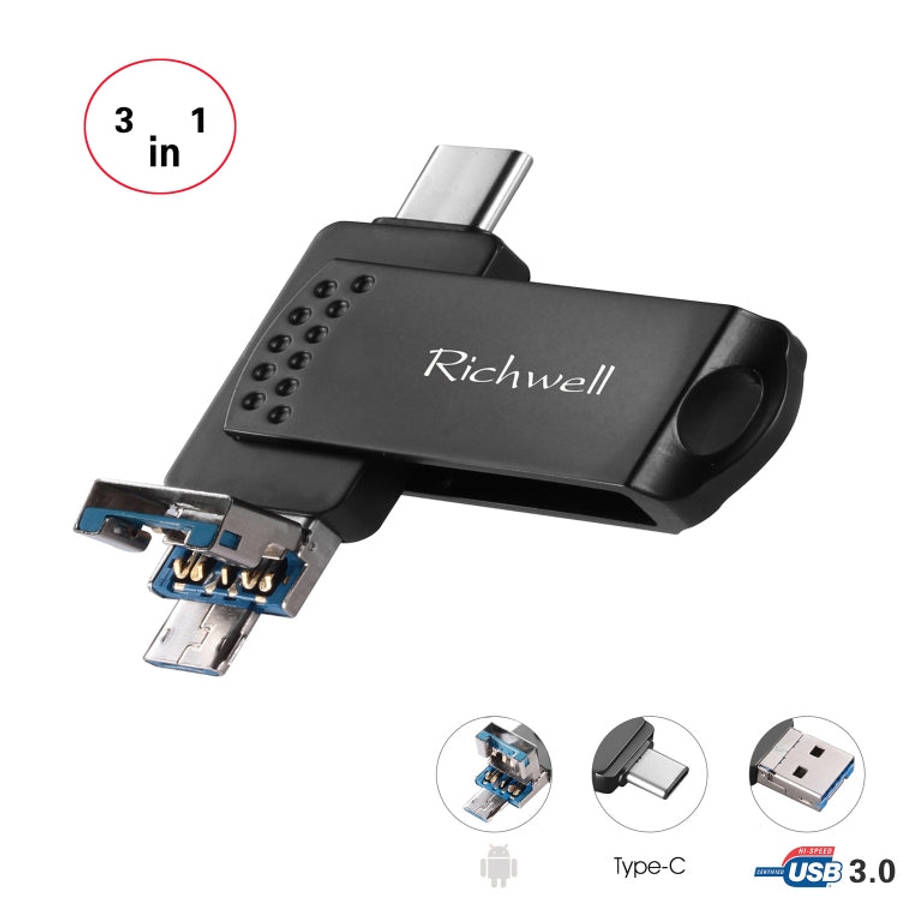 Richwell 3 in 1 64G Type-C + Micro USB + USB 3.0 Metal Flash Disk with OTG Function(Black)