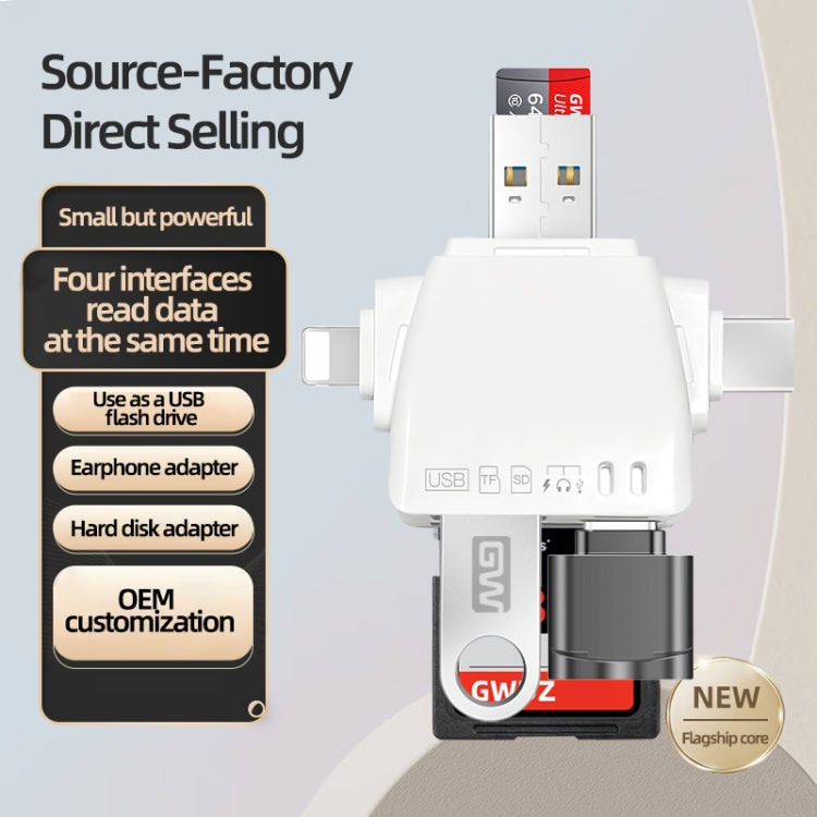 7 in 1 Card Reader USB + Type-C + 8 Pin + TF Card + SD Card + Earphone Adapter (White)