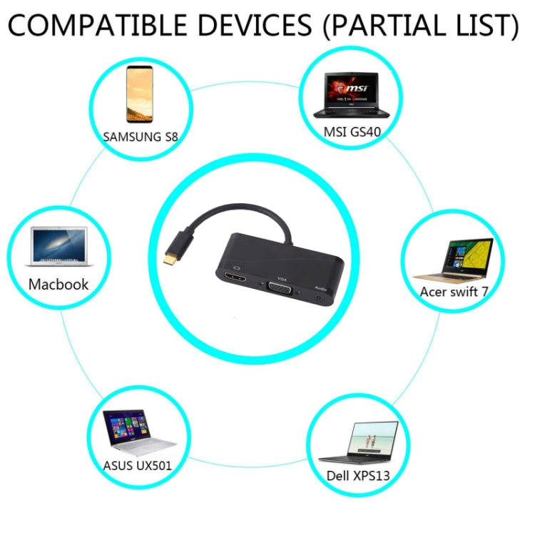 USB 2.0 + Audio Port + VGA + HDMI to USB-C / Type-C HUB Adapter (Black)