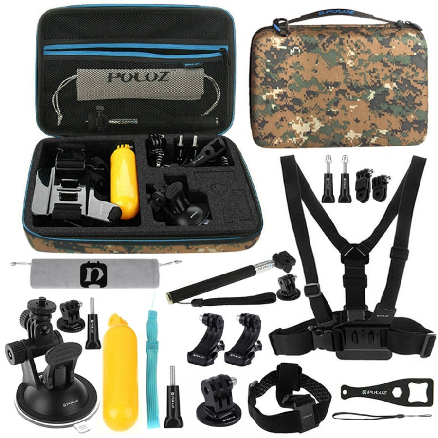 PULUZ 20 in 1 Accessories Combo Kit with Camouflage EVA Case (Chest Strap + Head Strap + Suction ...