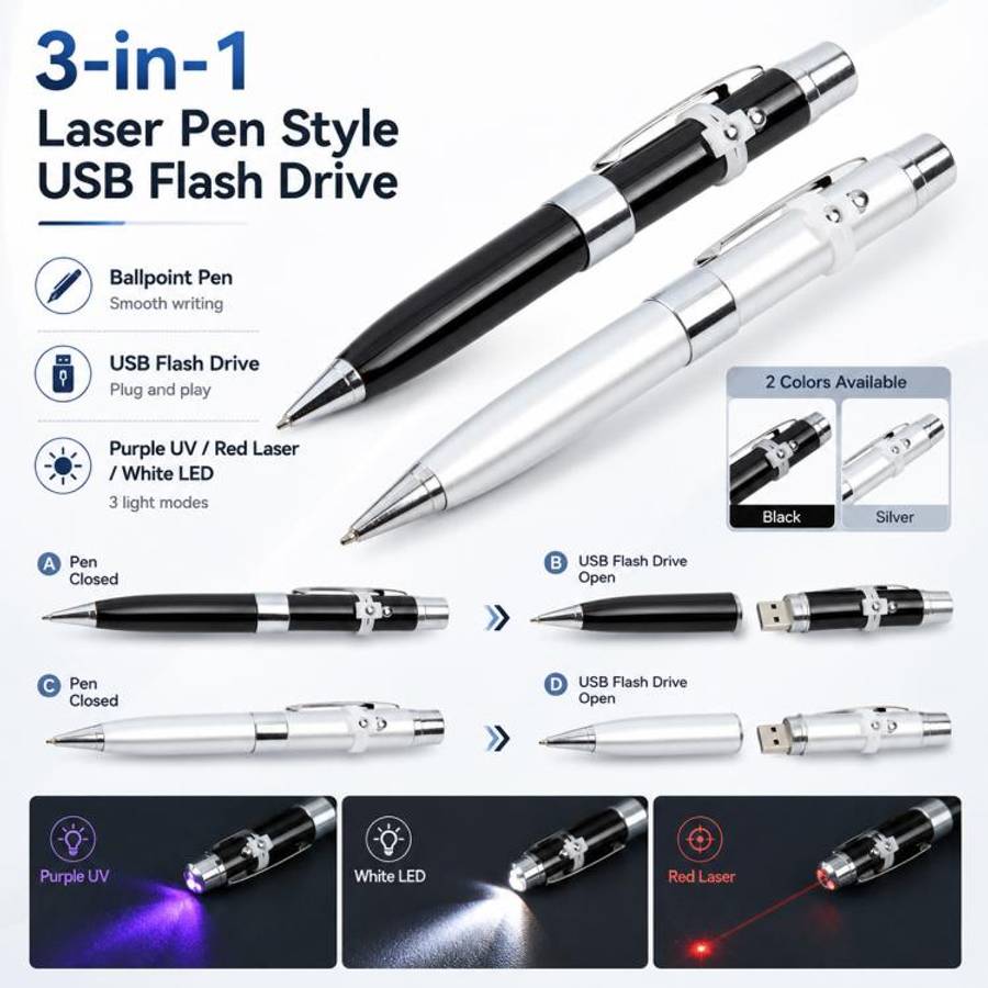 3 in 1 Laser Pen Style USB Flash Disk, Silver (8GB)