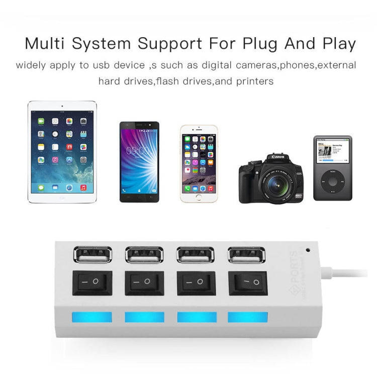 4 Ports USB Hub 2.0 USB Splitter High Speed 480Mbps with ON/OFF Switch, 4 LED(White)