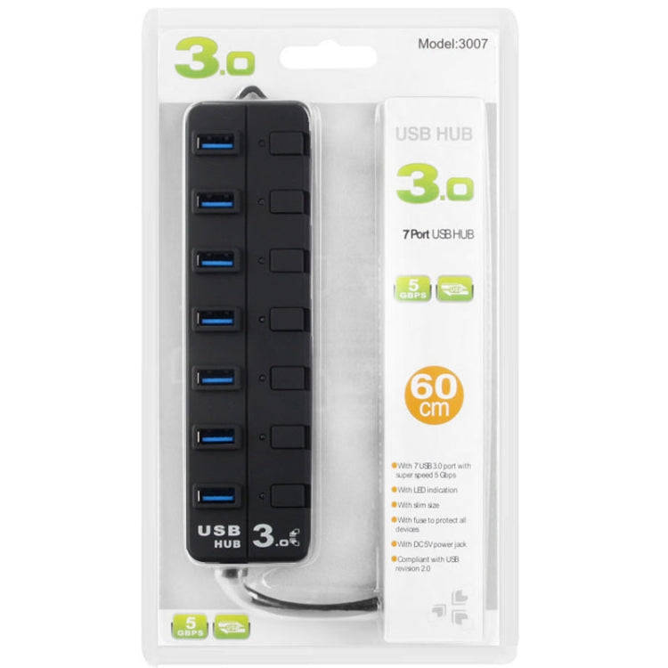 7 Ports USB 3.0 Hub with Individual Switches for each Data Transfer Ports(Black)