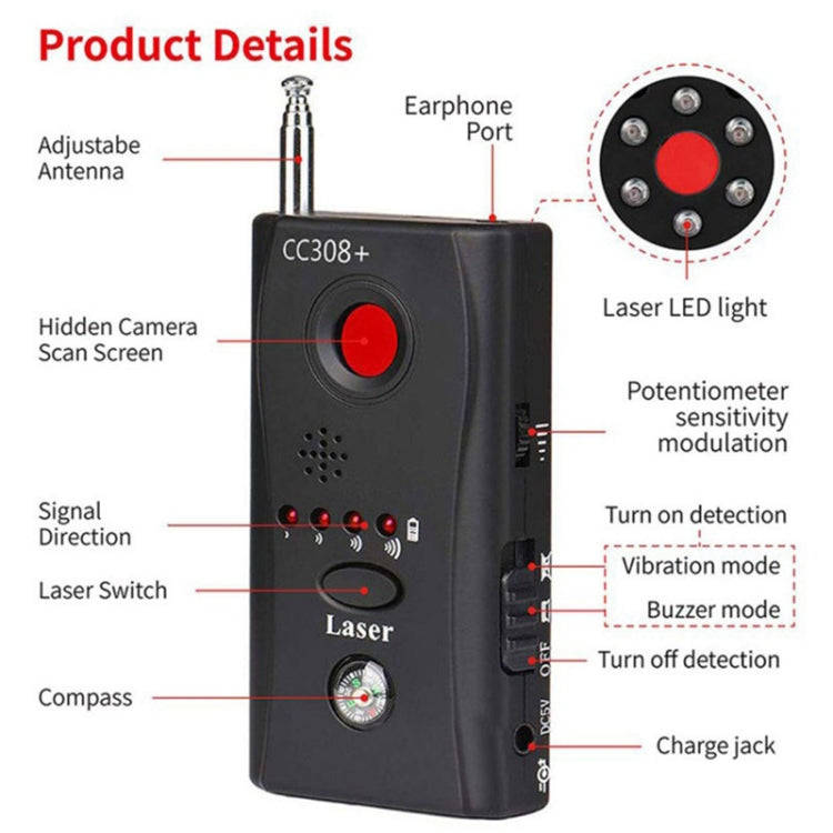 CC308+ Multi-Detector Full-Range All-Round Detector For Hidden Mini Camera / IP Lens/ GMS / RF Si...