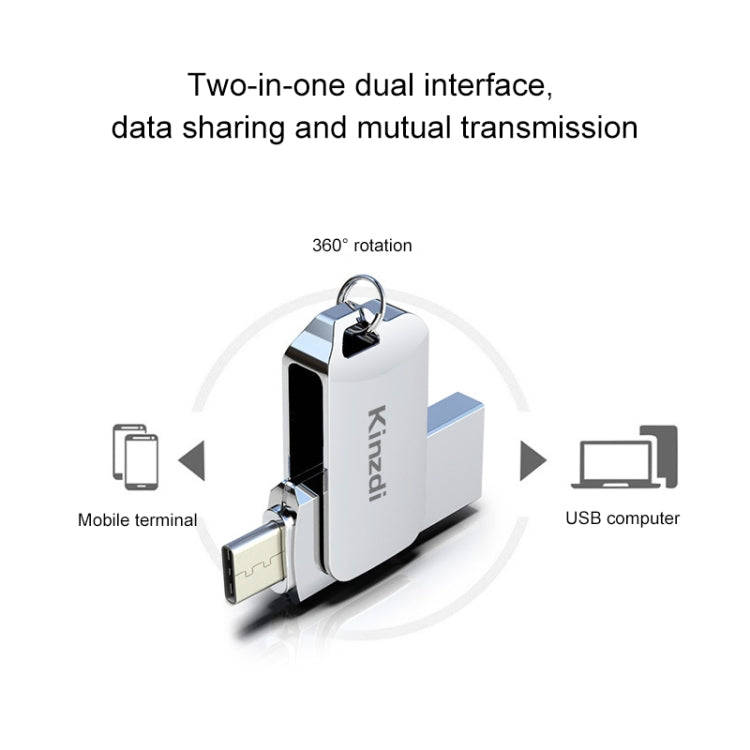 Kinzdi 128GB USB + Type-C Interface Metal Twister Flash Disk V8 (Silver)