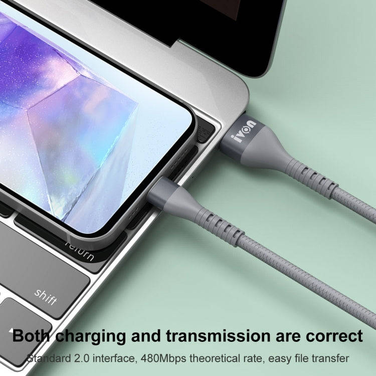 IVON CA92 2.4A Max USB to USB-C / Type-C Rubber Fast Charging Data Cable, Length: 1.5m (Black)