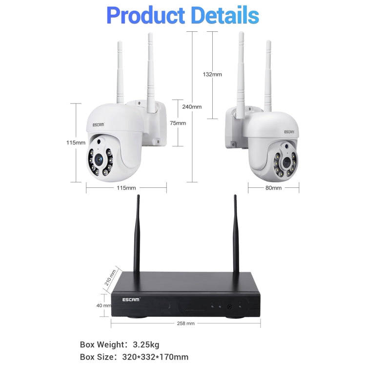 ESCAM WNK714 3.0 Million Pixels 4-channel HD Dome Camera NVR Wireless Monitoring Kit, US Plug