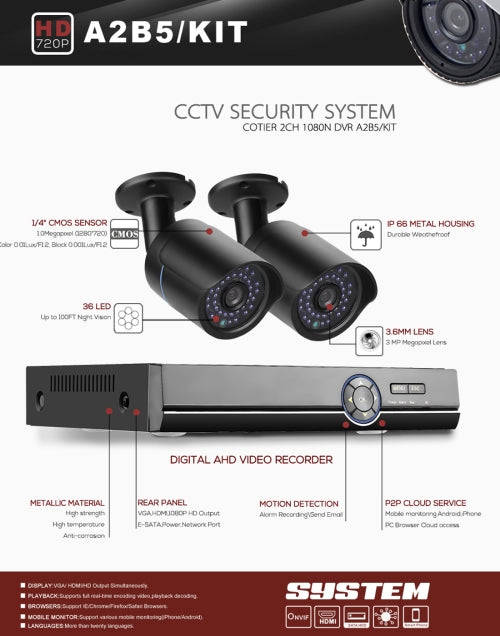 A2B5 720P 1.0 Mega Pixel 2 x Bullet AHD Cameras AHD DVR Kit, Support Night Vision / Motion Detect...
