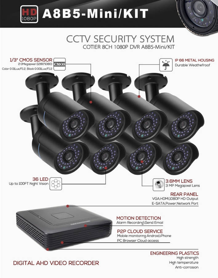 A8B5-Mini 8 Channel 1080P 2.0 Mega Pixel 8 x Bullet AHD Cameras Mini AHD DVR Kit, Support Night V...