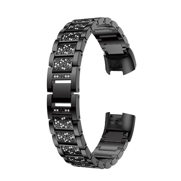 Diamond-studded Solid Stainless Steel Watch Band for Fitbit Charge 3(Black)