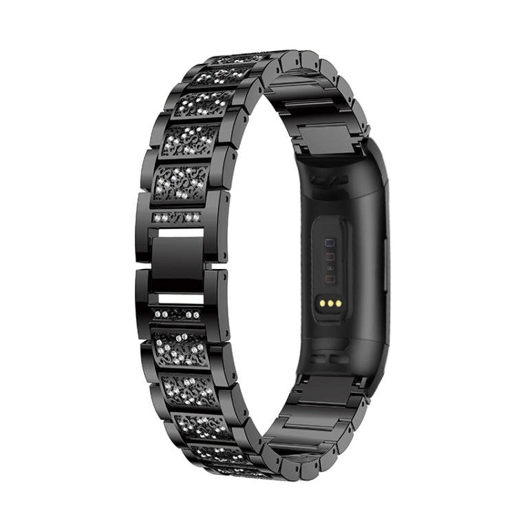 Diamond-studded Solid Stainless Steel Watch Band for Fitbit Charge 3(Black)
