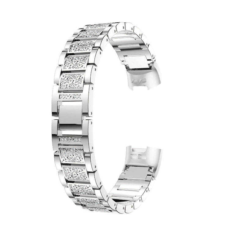 Diamond-studded Solid Stainless Steel Watch Band for Fitbit Charge 3(Silver)