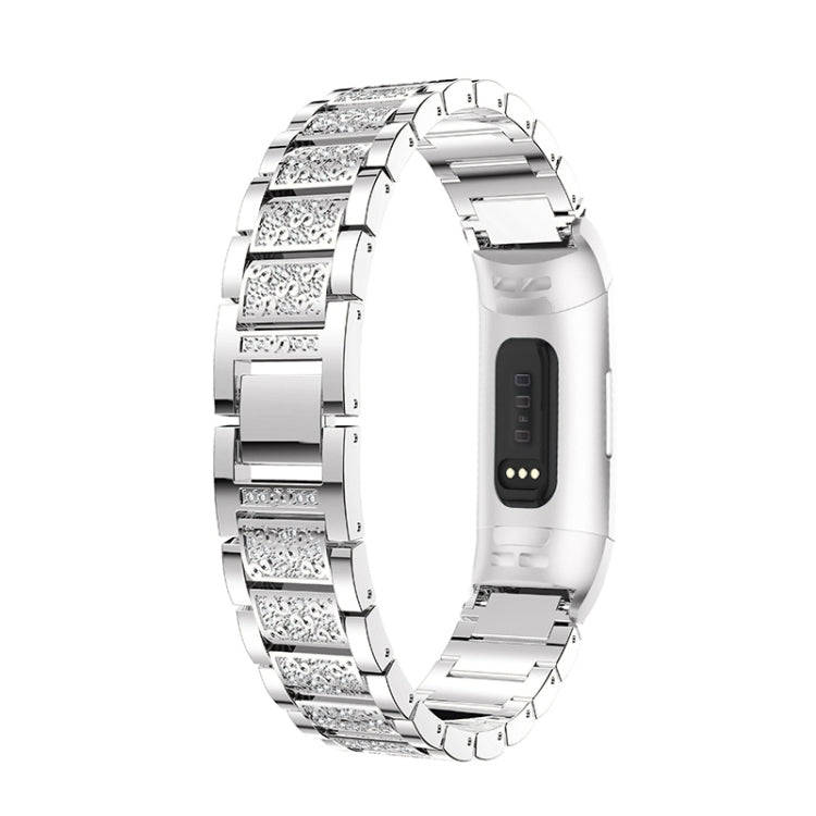 Diamond-studded Solid Stainless Steel Watch Band for Fitbit Charge 3(Silver)