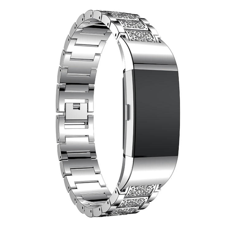 Diamond-studded Solid Stainless Steel Watch Band for Fitbit Charge 2(Silver)