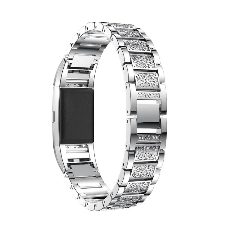 Diamond-studded Solid Stainless Steel Watch Band for Fitbit Charge 2(Silver)
