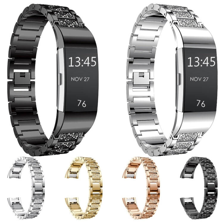 Diamond-studded Solid Stainless Steel Watch Band for Fitbit Charge 2(Silver)