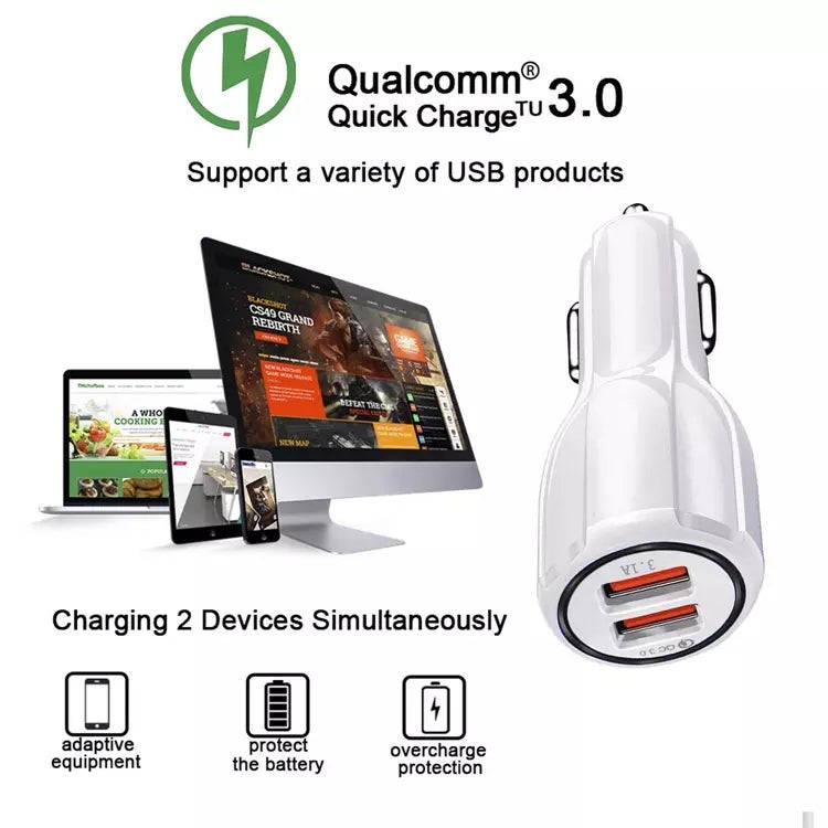 LZ-681 QC3.0 Dual USB Car Charging + Type-C Fast Charging Cable Car Charging Kit(White)