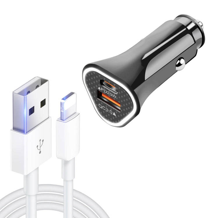 TE-P23 38W PD 20W USB-C / Type-C + QC3. 0 USB Triangle Car Charger + USB to 8 Pin Data Cable, Len...
