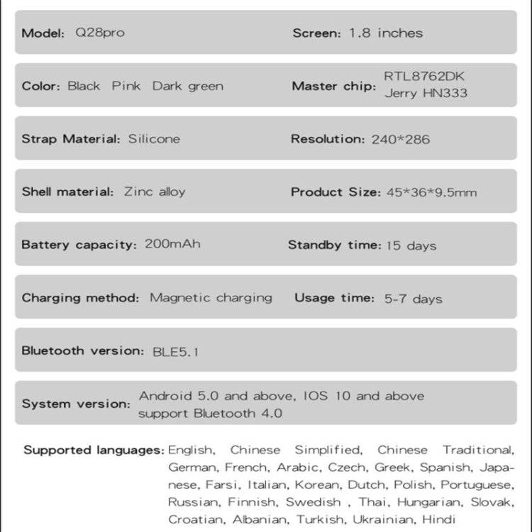 Q28 1.8 inch Color Screen Smart Watch,Support Heart Rate Monitoring / Blood Pressure Monitoring(B...