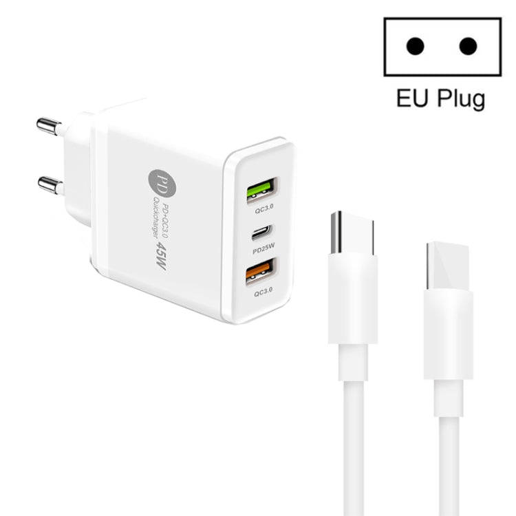 45W PD3.0 + 2 x QC3.0 USB Multi Port Charger with Type-C to Type-C Cable, EU Plug(White)