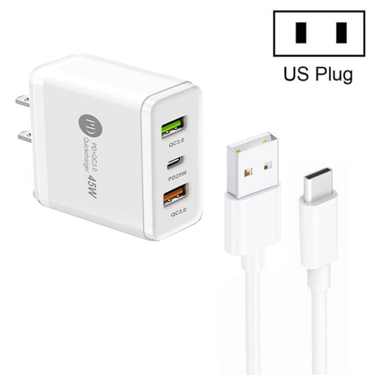 45W PD25W + 2 x QC3.0 USB Multi Port Charger with USB to Type-C Cable, US Plug(White)
