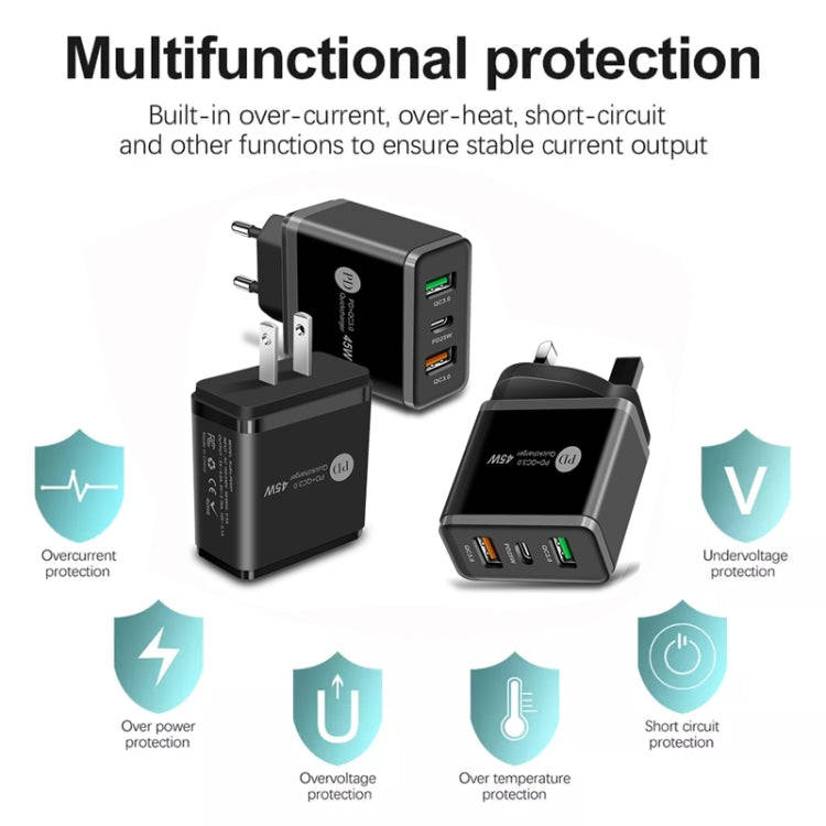 45W PD25W + 2 x QC3.0 USB Multi Port Charger with USB to Type-C Cable, EU Plug(Black)