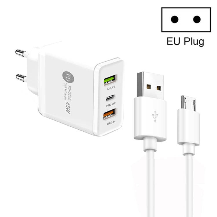 45W PD25W + 2 x QC3.0 USB Multi Port Charger with USB to Micro USB Cable, EU Plug(White)