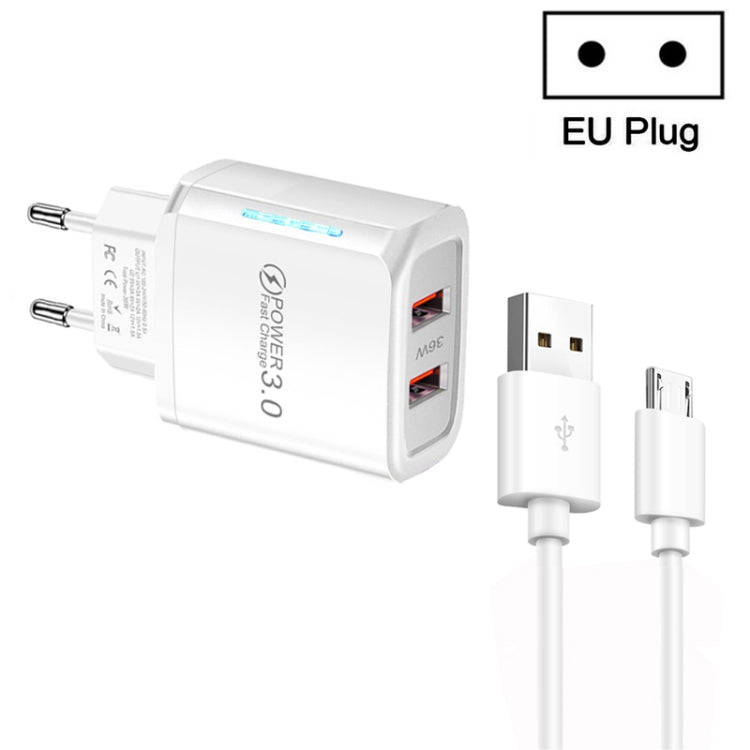 36W Dual Port QC3.0 USB Charger with 3A USB to Micro USB Data Cable, EU Plug(White)