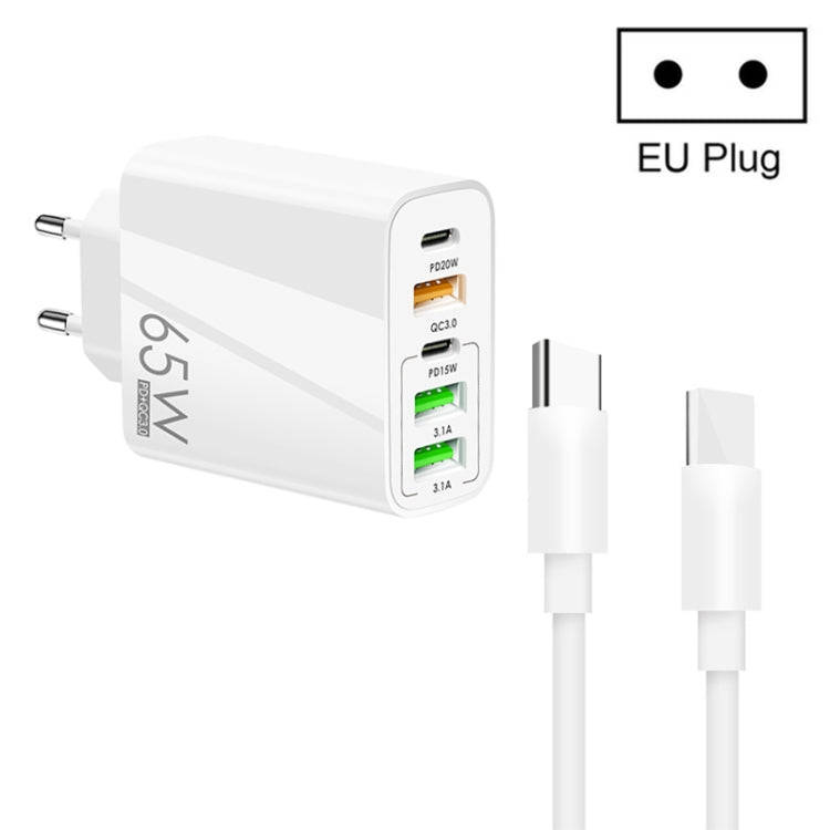 65W Dual PD Type-C + 3 x USB Multi Port Charger with 3A Type-C to Type-C Data Cable, EU Plug(White)