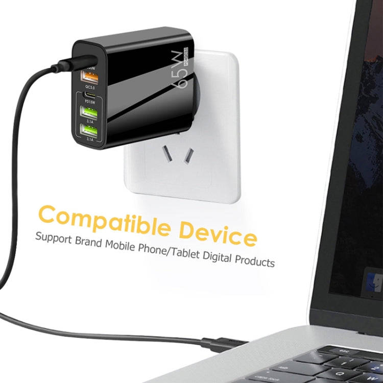 65W Dual PD Type-C + 3 x USB Multi Port Charger with 3A Type-C to Type-C Data Cable, EU Plug(Black)