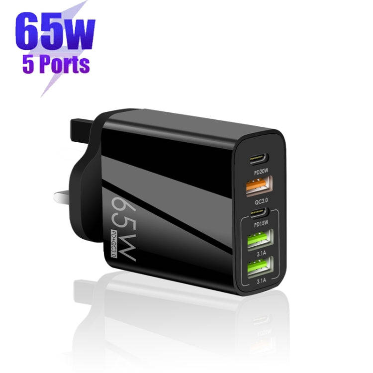 65W Dual PD Type-C + 3 x USB Multi Port Charger with 3A Type-C to Type-C Data Cable, UK Plug(Black)