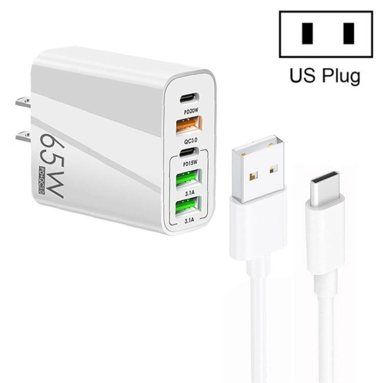 65W Dual PD Type-C + 3 x USB Multi Port Charger with 3A USB to Type-C Data Cable, US Plug(White)