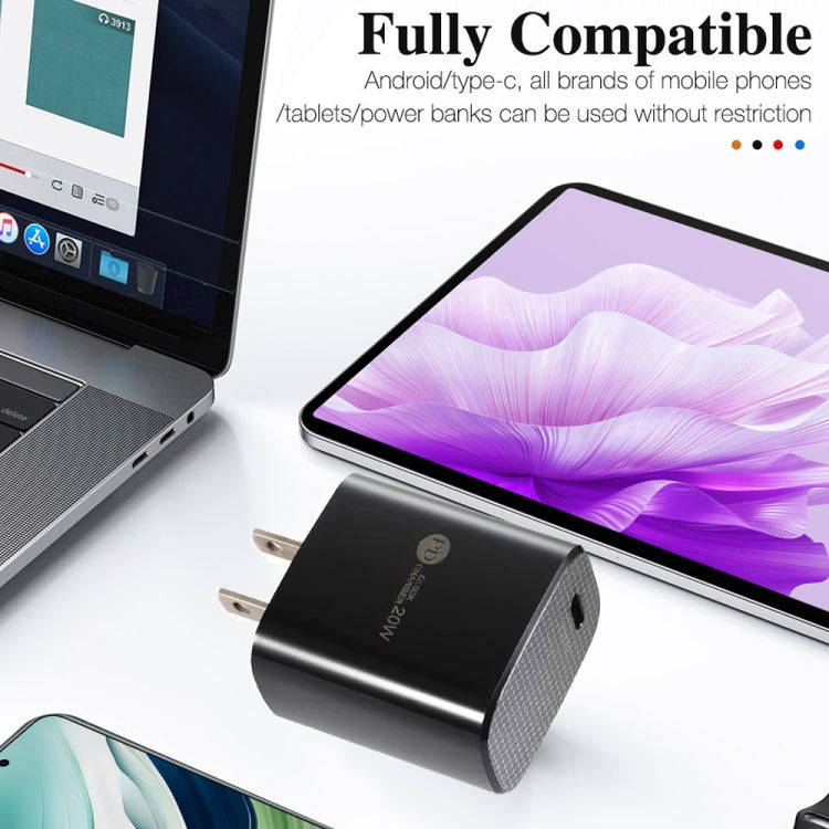 PD11 Single PD3.0 USB-C / Type-C 20W Fast Charger with 1m Type-C to Type-C Data Cable, US Plug(Bl...