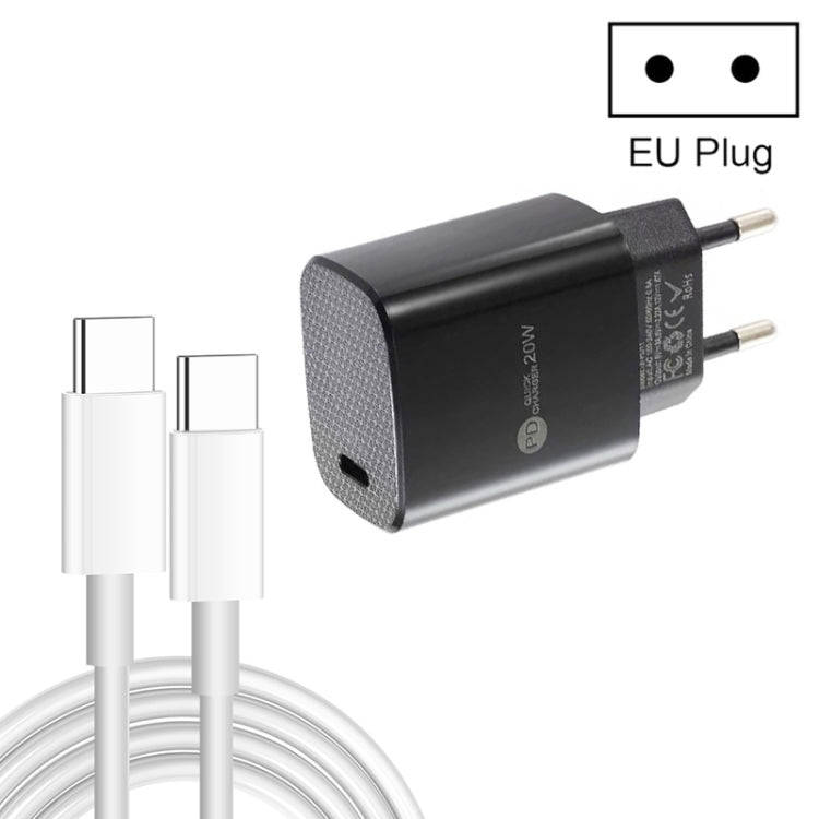 PD11 Single PD3.0 USB-C / Type-C 20W Fast Charger with 1m Type-C to Type-C Data Cable, EU Plug(Bl...