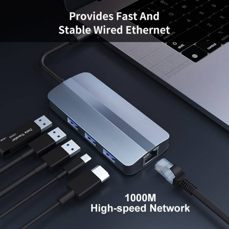 JUNSUNMAY 6 in 1 Type-C to 4K HDMI + 1000M RJ45 Ethernet Hub Docking Station Adapter