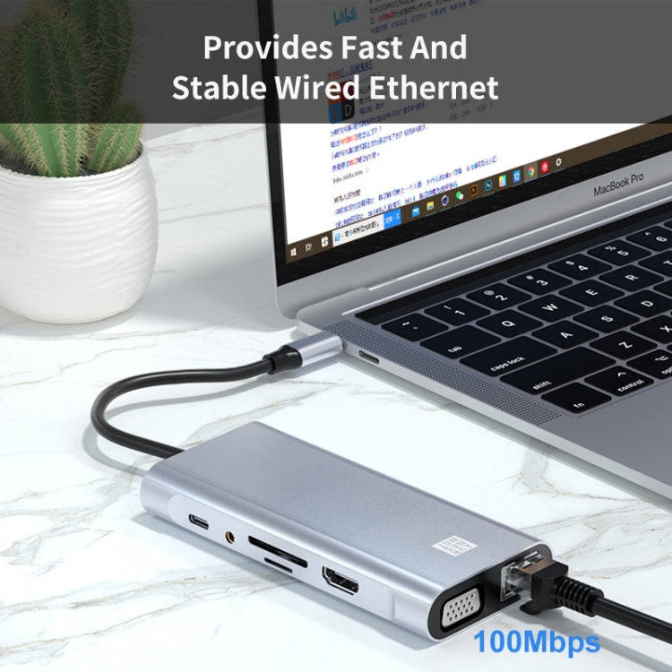 JUNSUNMAY 11 in 1 Type-C to 4K HDMI + VGA +RJ45 Docking Station Adapter PD Quick Charge Hub