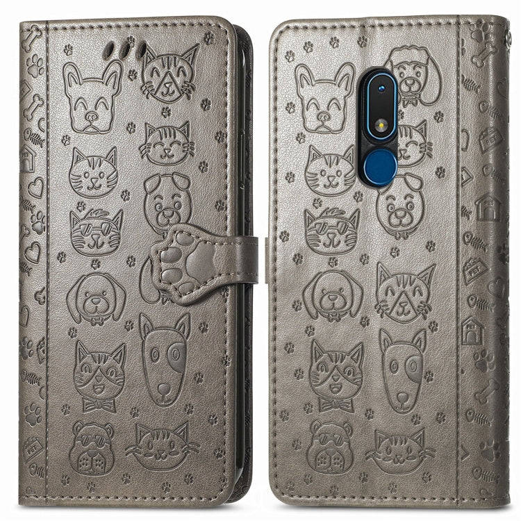 For Nokia C3 Cute Cat and Dog Embossed Flip Leather Phone Case(Gray)