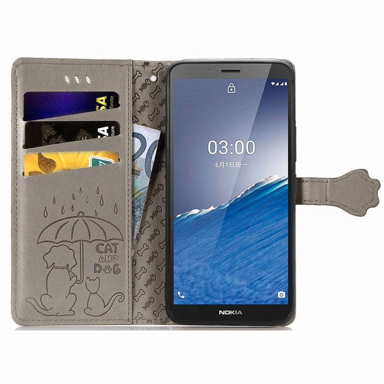 For Nokia C3 Cute Cat and Dog Embossed Flip Leather Phone Case(Gray)