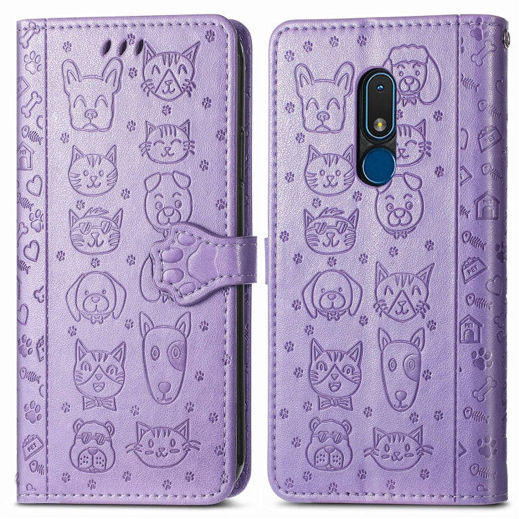For Nokia C3 Cute Cat and Dog Embossed Flip Leather Phone Case(Purple)