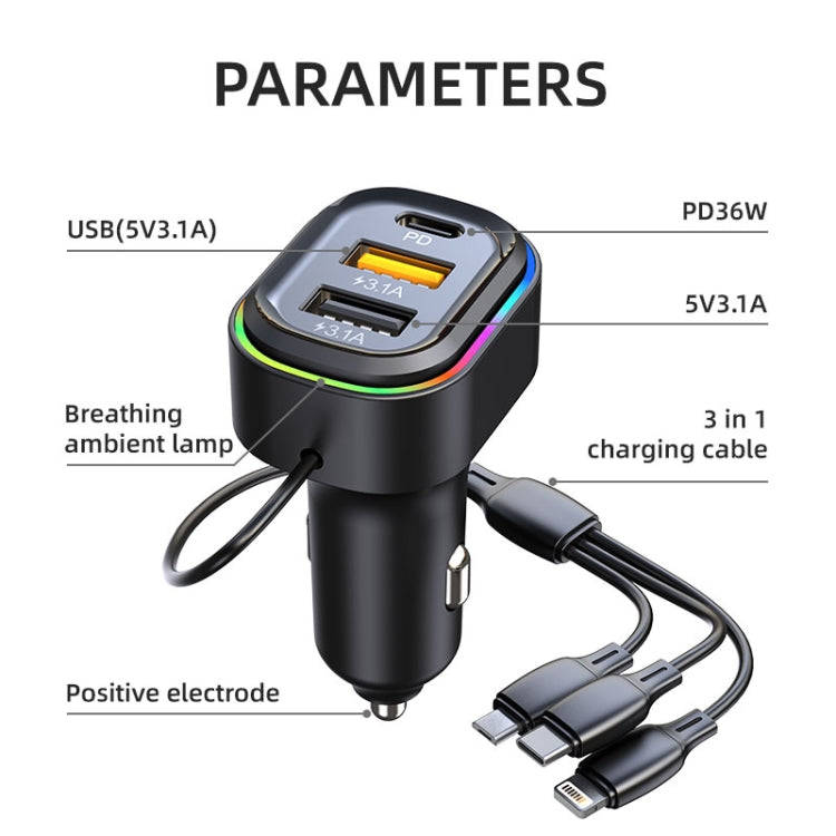 K5 With 3-in-1 Charging Cable Dual USB + 1 Type-C PD Phone Fast Charging Adapter Car Charger