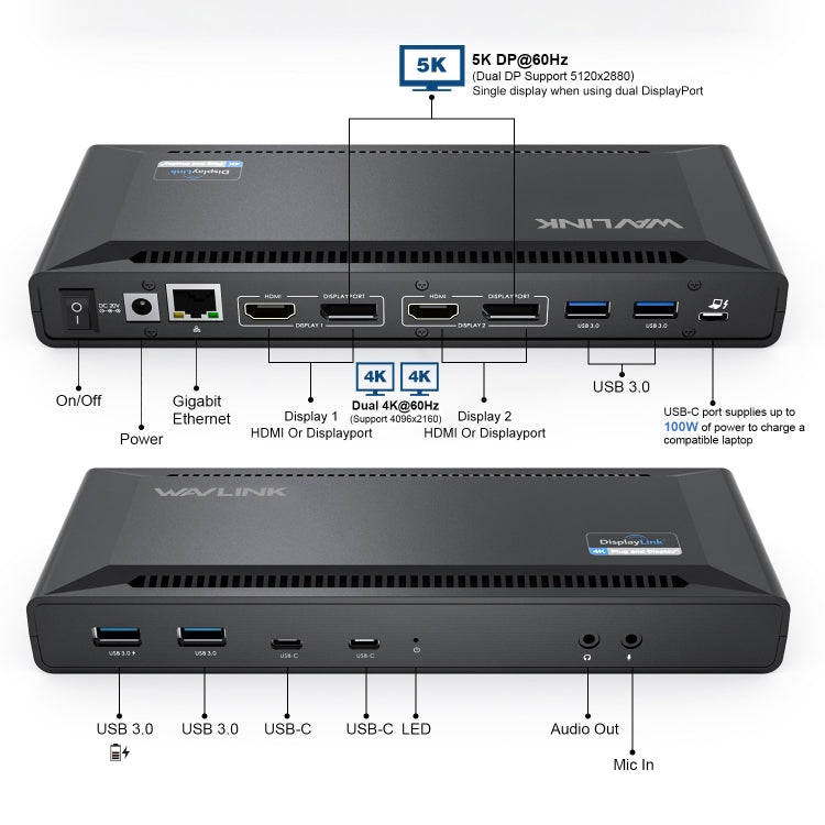 Wavlink UG69PD2 Dual 4K Fast Charging Integrated Docking Station, Plug:AU Plug