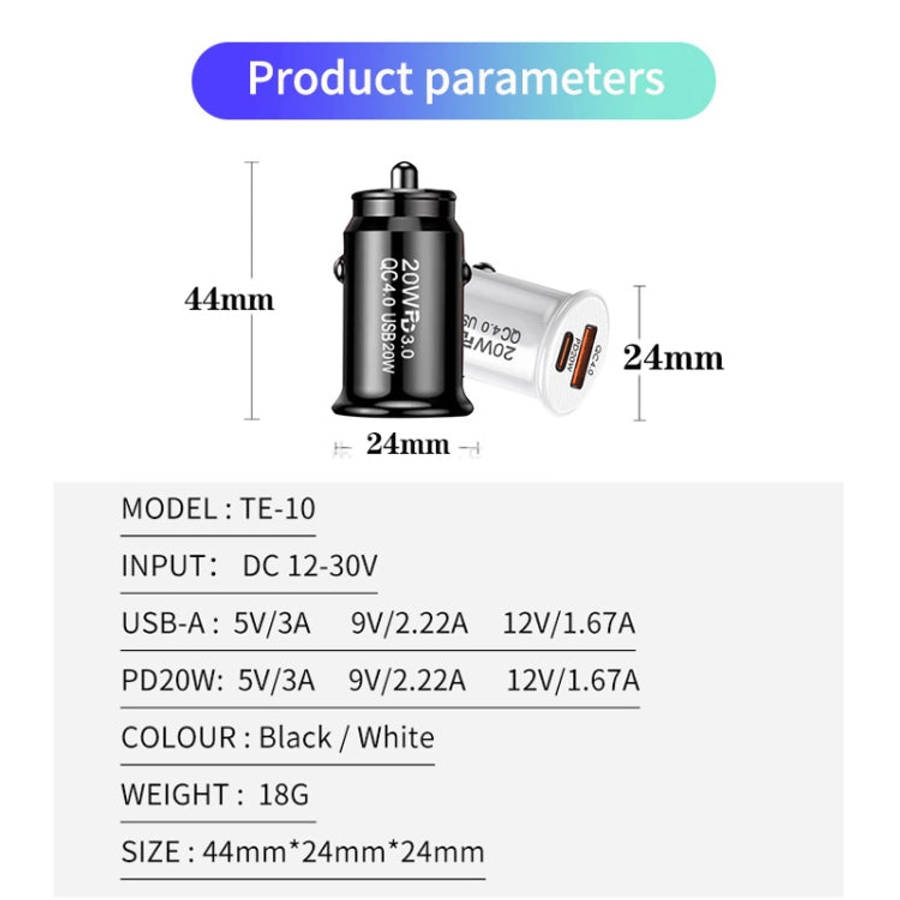 P10 Mini Style QC4.0 USB / PD20W Dual Port Car Charger(White)